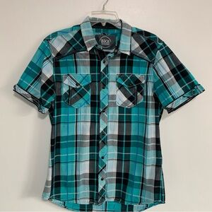 BKE men’s short sleeve button-down shirt, teal blue black gray, western cowboy